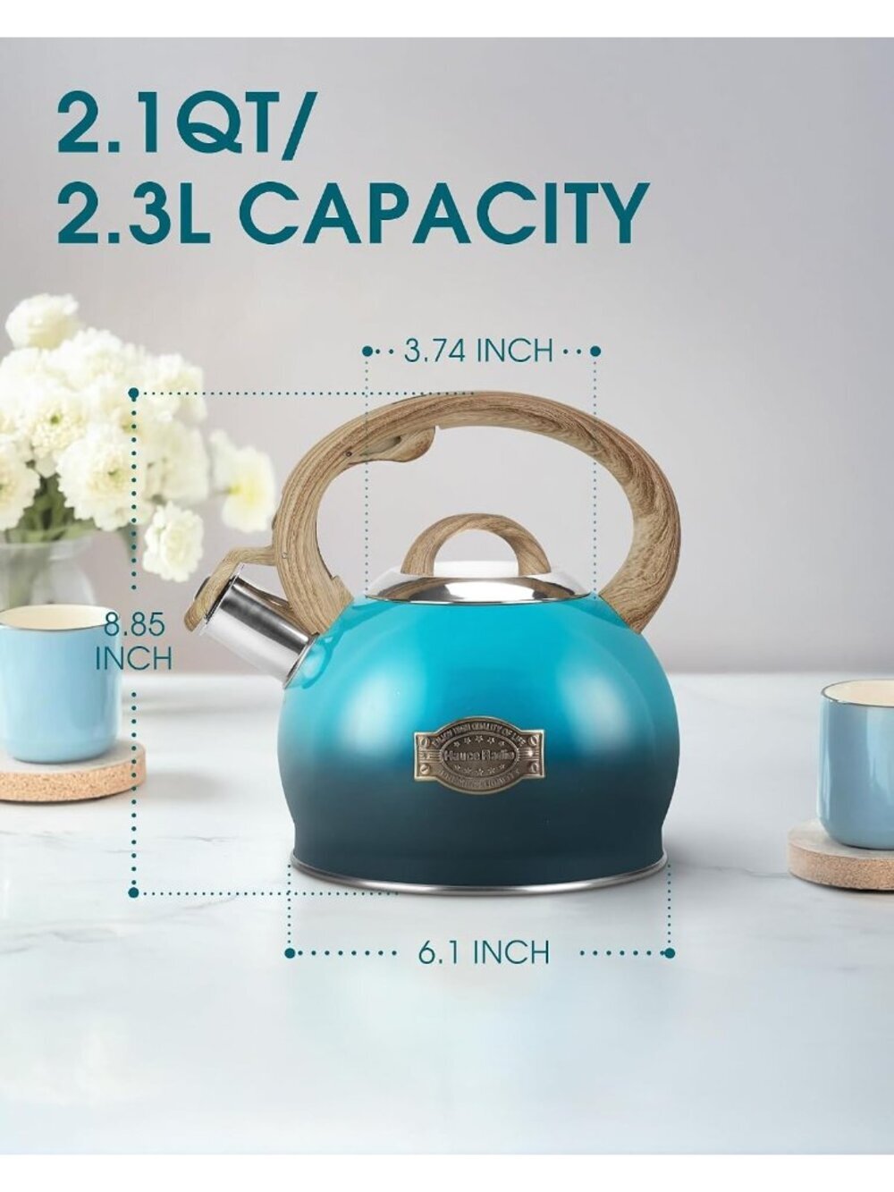 Dark Blue Whistling Tea kettle 2.1 QT Stainless Steel Stovetop with Wood Handle - Picture 6 of 6